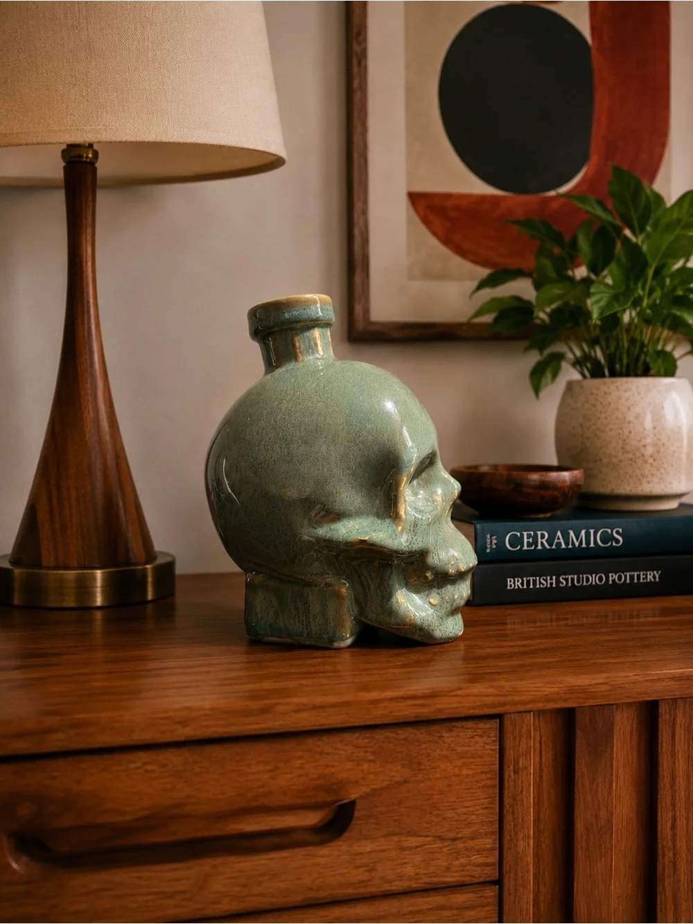 Creepy Cute Green Ceramic Skull Bottle / Gothic Decor vintage